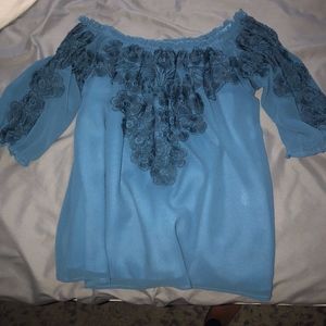 off the shoulder blue embroidered blouse